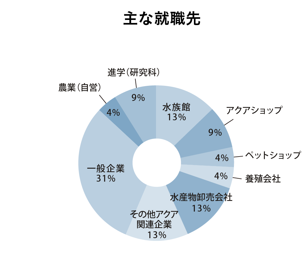 アクアリウム学科の主な就職先の円グラフ:水族館13%,アクアショップ9%,ペットショップ4%,養殖会社4%,水産物卸売会社13%,その他アクア関連企業13%,一般企業31%,農業(自営)4%,進学(研究科)9%